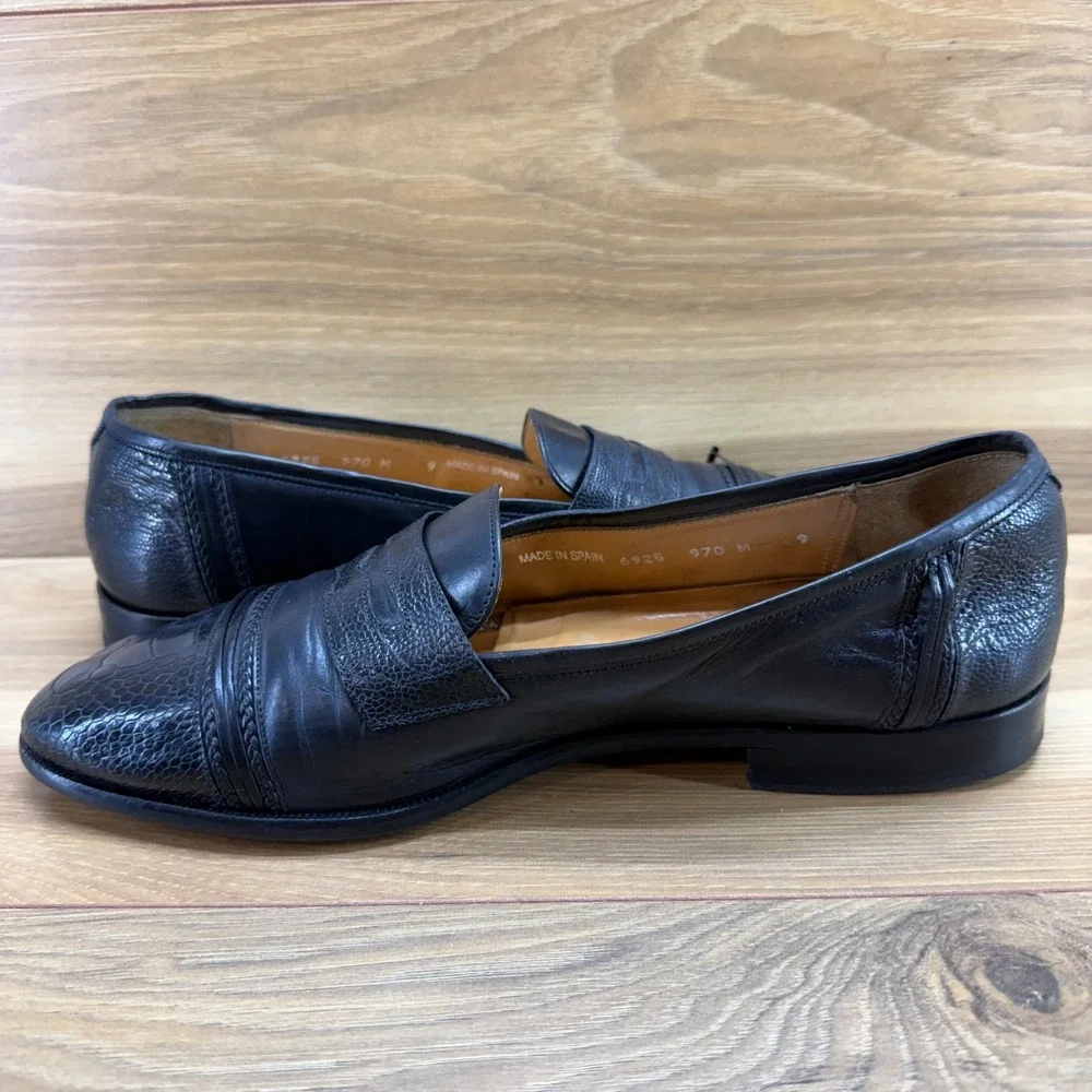 MEZLAN FLAWED Ostrich Leg Penny Loafers Mens 9 M Black Leather Dress Slip On